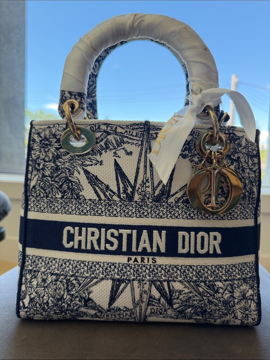 Dior Handbags - Dior Navy and White Lady Dior medium Embroidered bag.